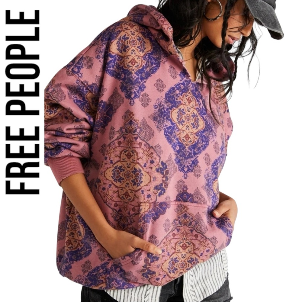 Free People NWT Oversized It’s A Vibe Printed Hoodie ~ Desert Rose Combo~Large